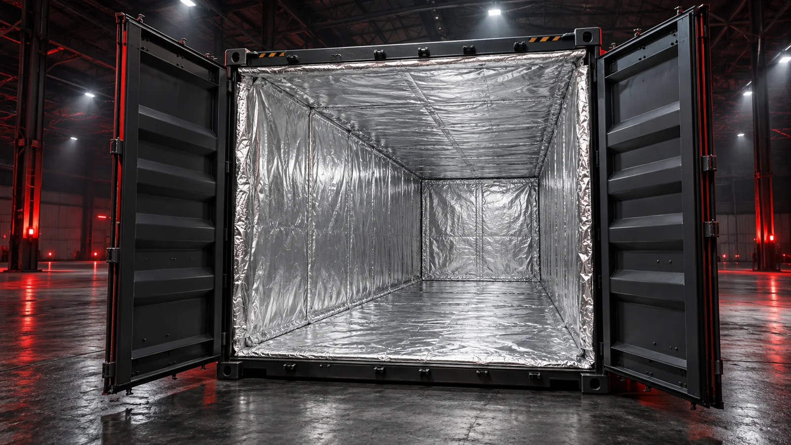 Open shipping container with a silver Freight Foil liner covering its interior