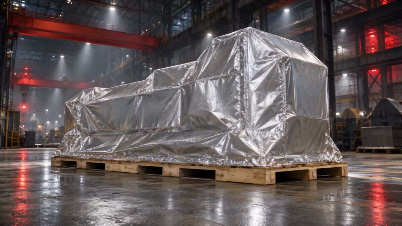 Silver foil-wrapped industrial equipment on a pallet in a factory